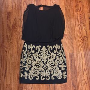 BETSY & ADAM Black Chiffon Gold Sequin Cocktail Dress – Size 10